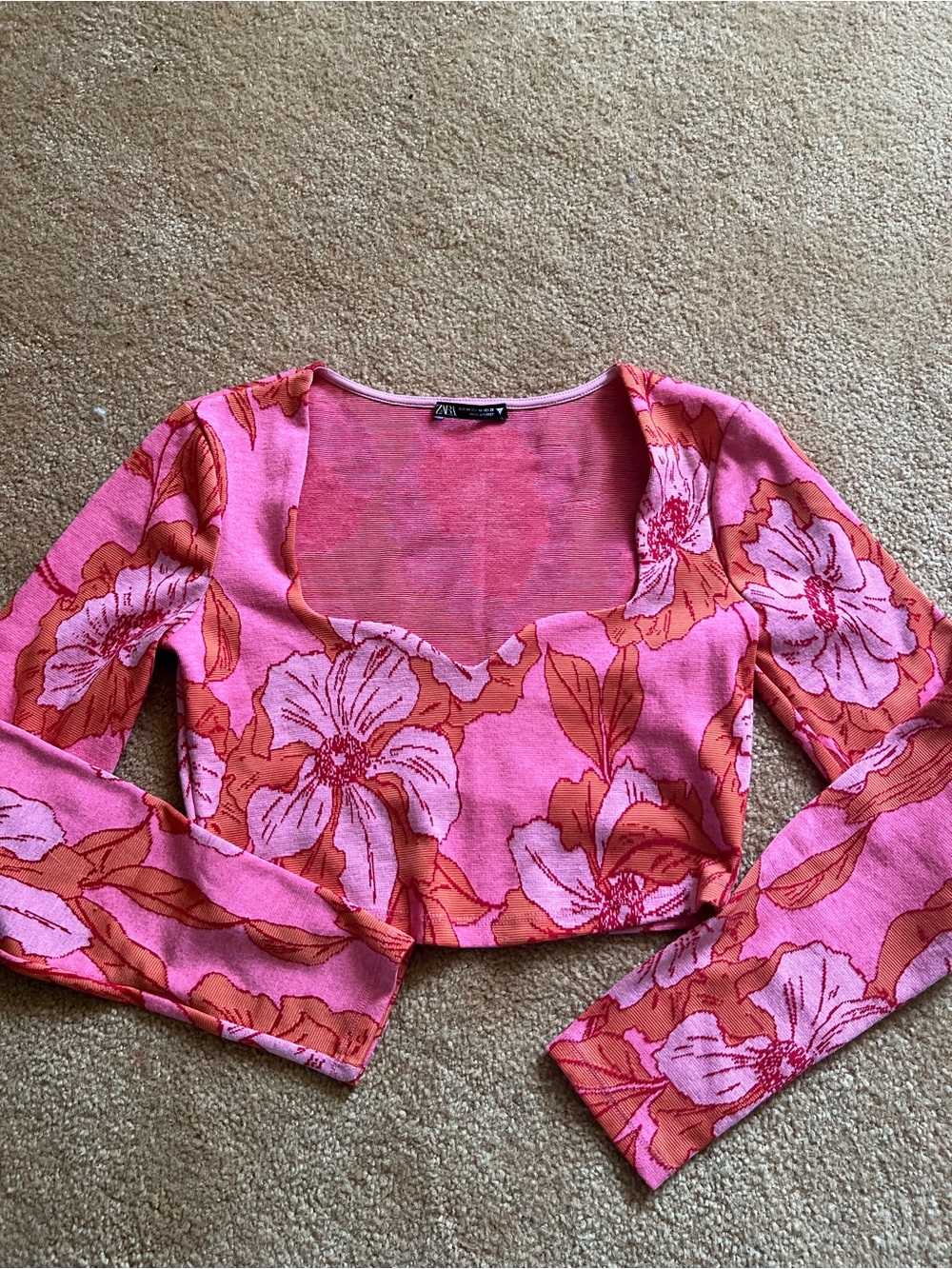 Zara Pink and Coral Floral Long-Sleeve Crop Top